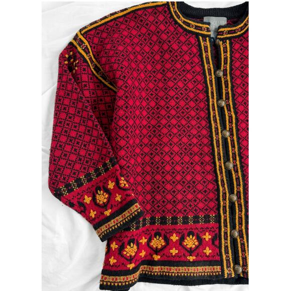 Squaw Valley Scandinavian Wool Knit Cardigan in Red Nordic Floral Fair Isle - Picture 3 of 8